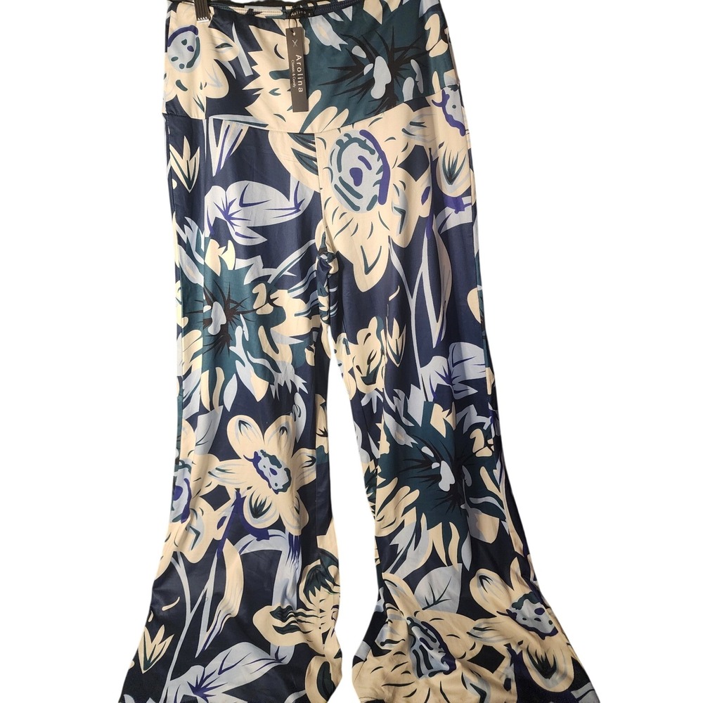 Arolina Blue Floral Wide Leg Palazzo Pants High Waist Lounge Yoga Small NWT